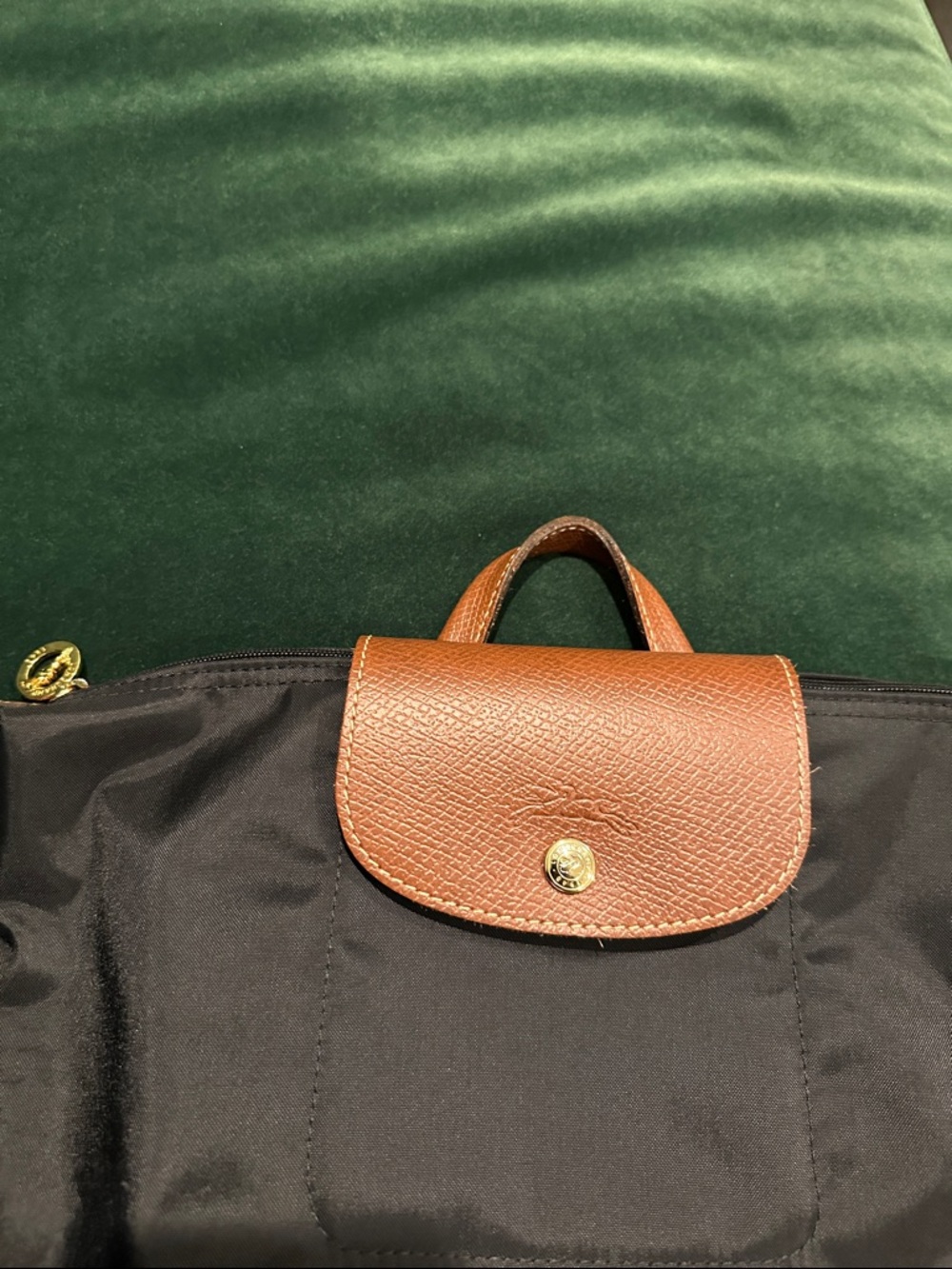 Longchamp Le Pliage M Black Nylon Backpack with Brown Leather Flap - Picture 2 of 6